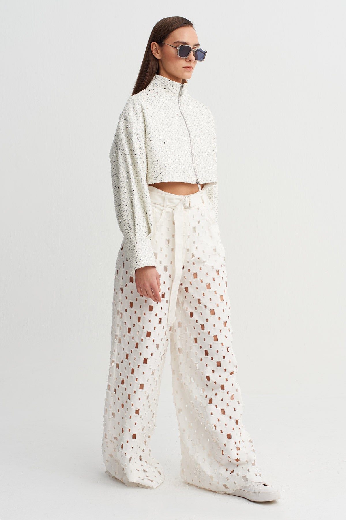 Off White Shimmer Textured Crop Jacket-Y265015051