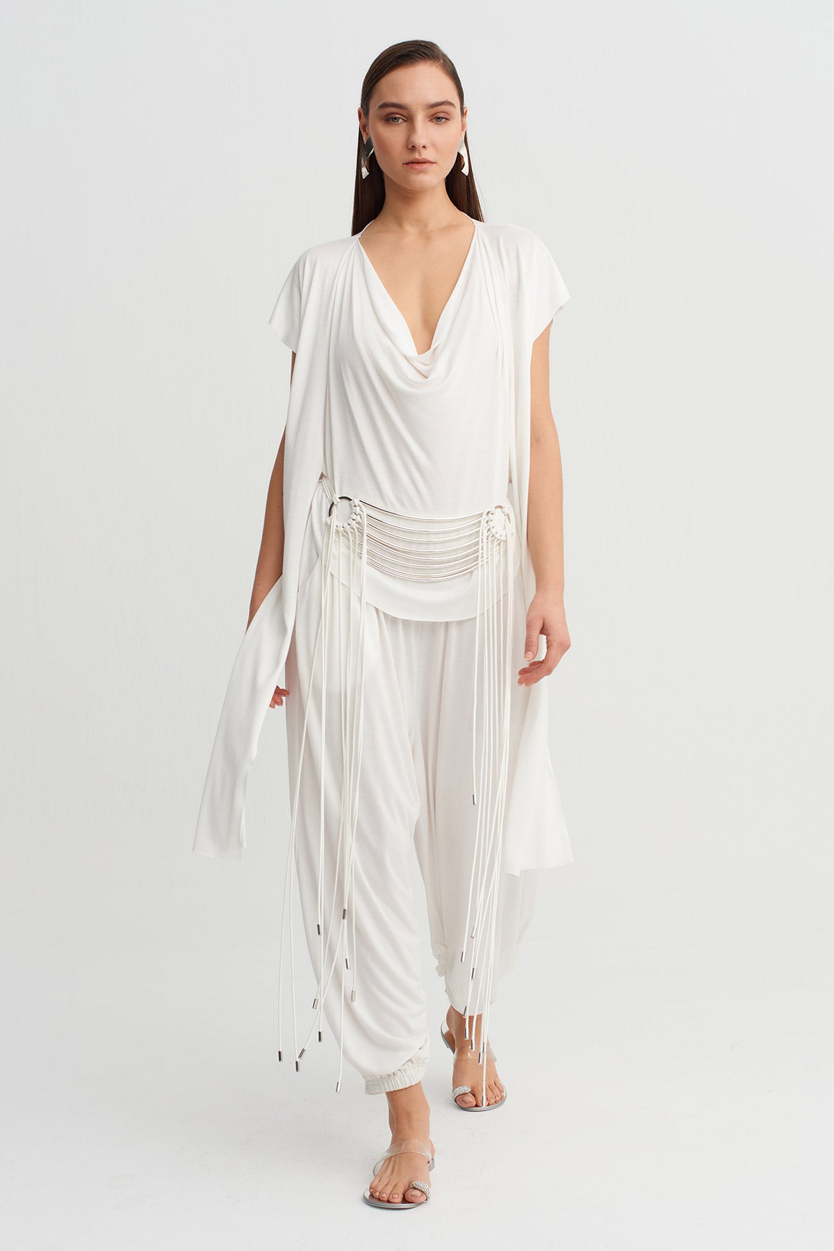 Off White Lace-Up Waist Belt with Metal Rod Details-Y268018017