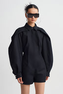 Black Shirt-Collar Short Jumpsuit-K264014053