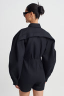 Black Shirt-Collar Short Jumpsuit-K264014053
