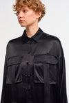 Black Cargo Pocket Long Satin Shirt Dress-K234014022