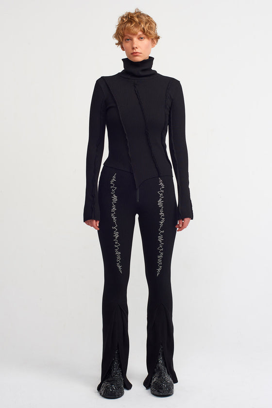 Black Asymmetrical, High-Neck Ribbed Sweater-K231011006
