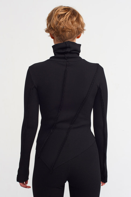 Black Asymmetrical, High-Neck Ribbed Sweater-K231011006