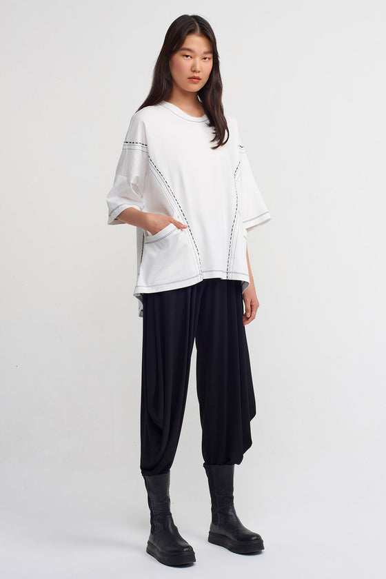 White / Black Contrast Stitch Detail, Pocketed Oversized T-shirt-K231011010