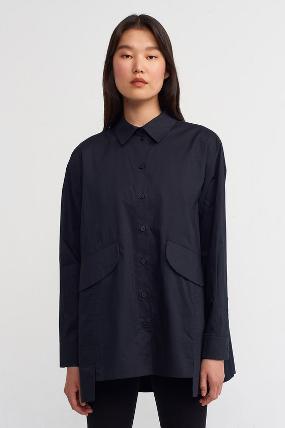 Black Pocketed Oversized Shirt-K231011023