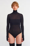 Black Turtleneck, Snap Closure Tulle Bodysuit-K231011025