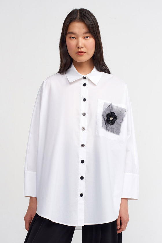 Off White Elegant Shirt with Embellished Pocket-K231011077