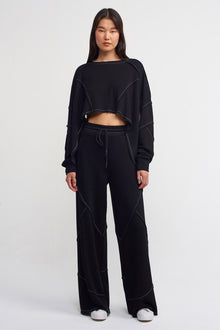  Black-Natur Contrast Stitched Crop Sweatshirt-K231011083