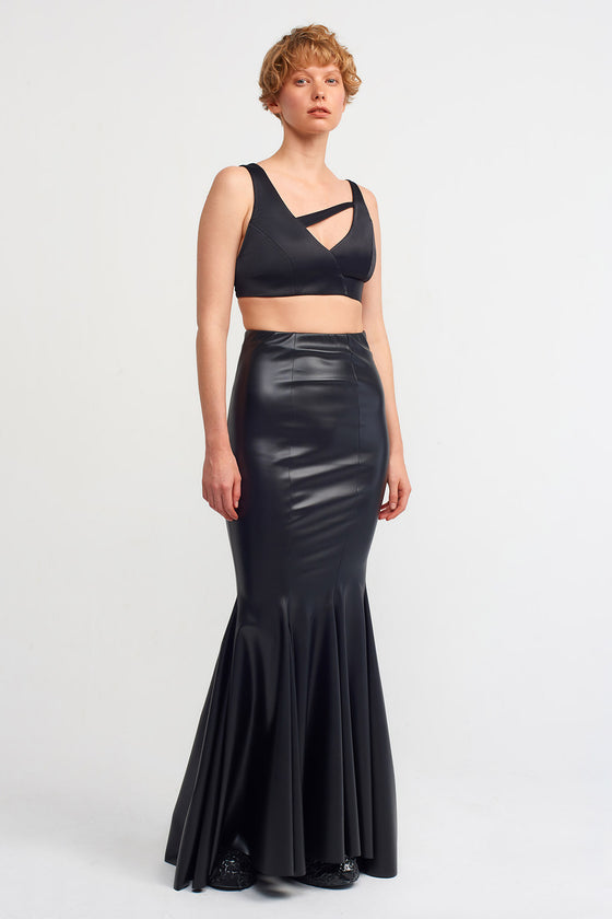 Black Vegan Leather Mermaid Skirt-K232012005