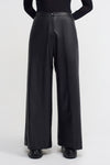Black Vegan Leather Wide-Leg Trousers-K233013014
