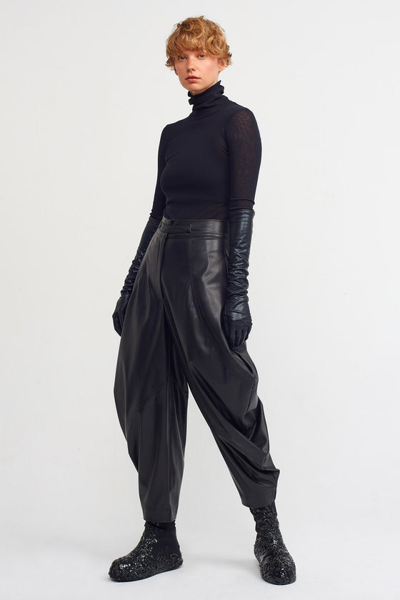 Black Vegan Leather Draped Trousers-K233013018