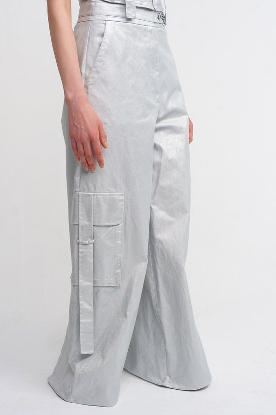 Sılver Coated Fabric, Wide Leg Trousers with Cargo Pocket-K233013023