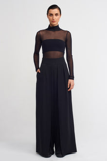  Black Flowy Trousers with Front Slit Detail-K233013031