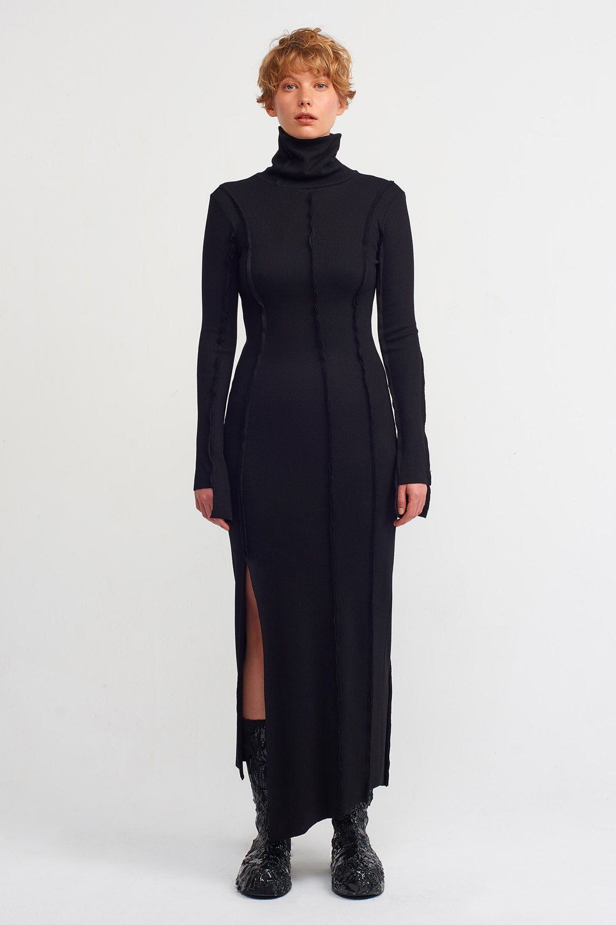 Black Asymmetrical, Turtleneck Ribbed Dress-K234014007