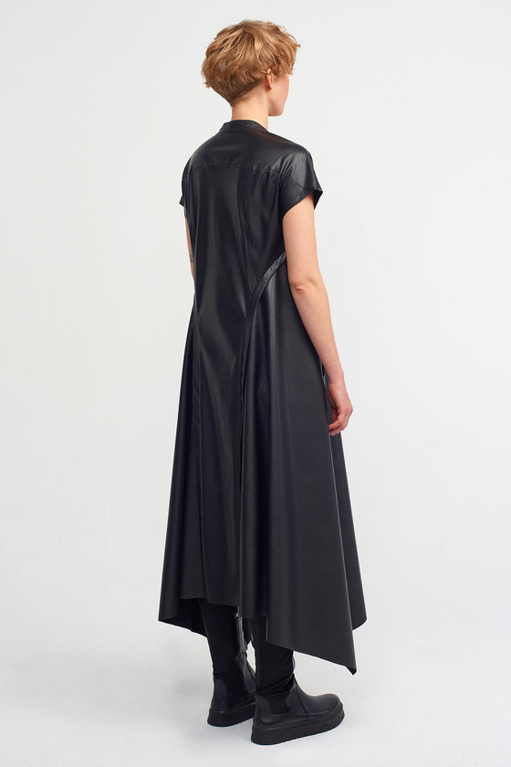 Black V-Neck Fitted Vegan Leather Dress-K234014016