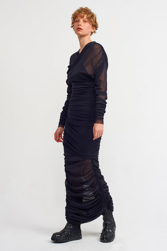 Black Wrap, Long Tulle Dress with Ruffle Detail-K234014018