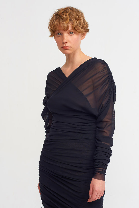 Black Wrap, Long Tulle Dress with Ruffle Detail-K234014018