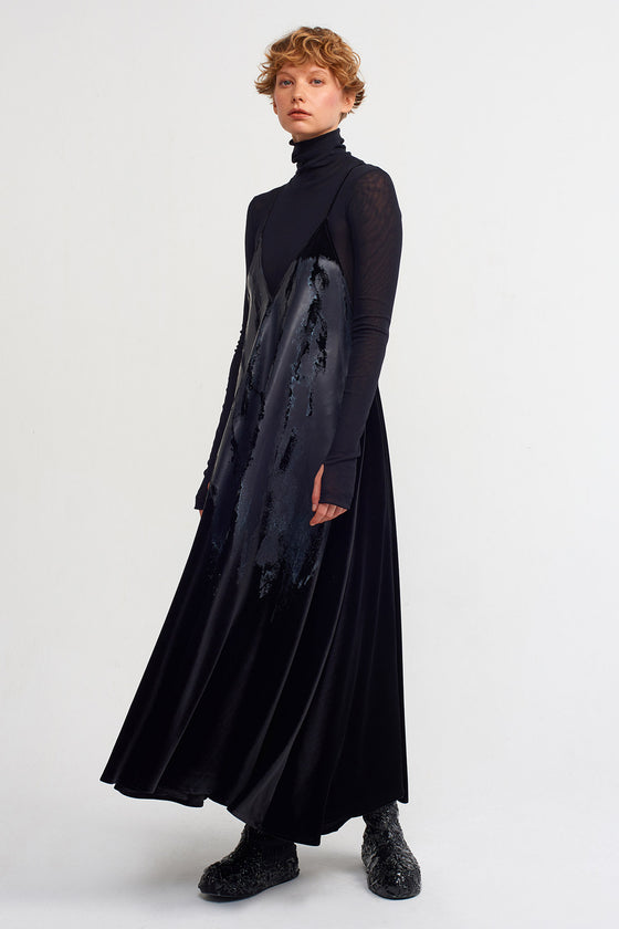 Black Elegant Printed Velvet Cami Dress-K234014023