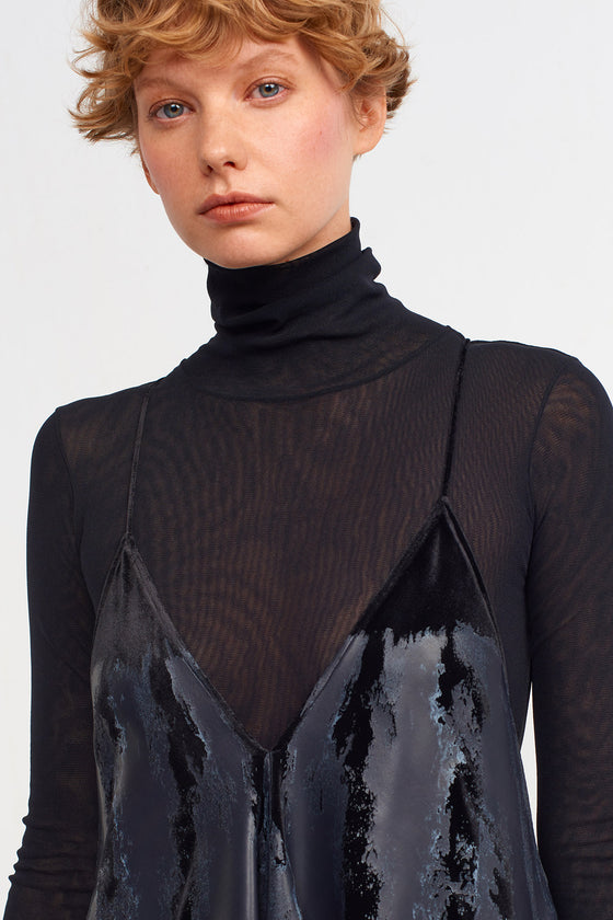 Black Elegant Printed Velvet Cami Dress-K234014023