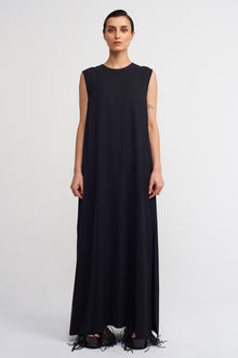  Black Loose Dress with Deep Side Slits-K234014045
