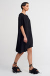 Black Asymmetric Pleated Dress with Shoulder Pads-K234014061