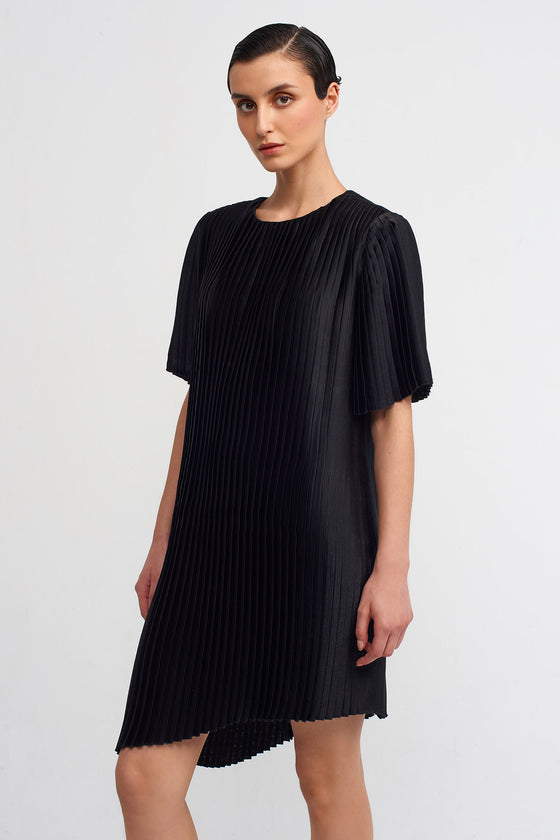 Black Asymmetric Pleated Dress with Shoulder Pads-K234014061