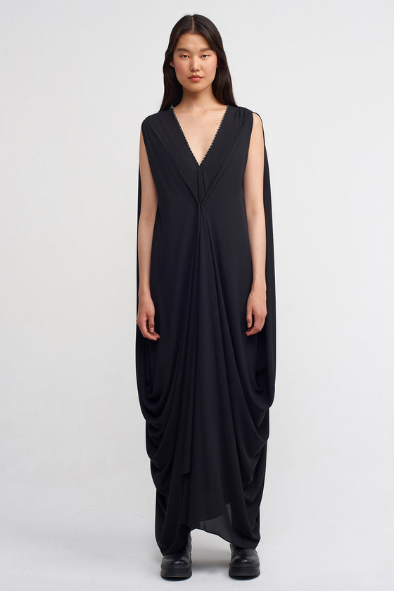 Black Elegant Dress with Metal Trim and Draping-K234014064