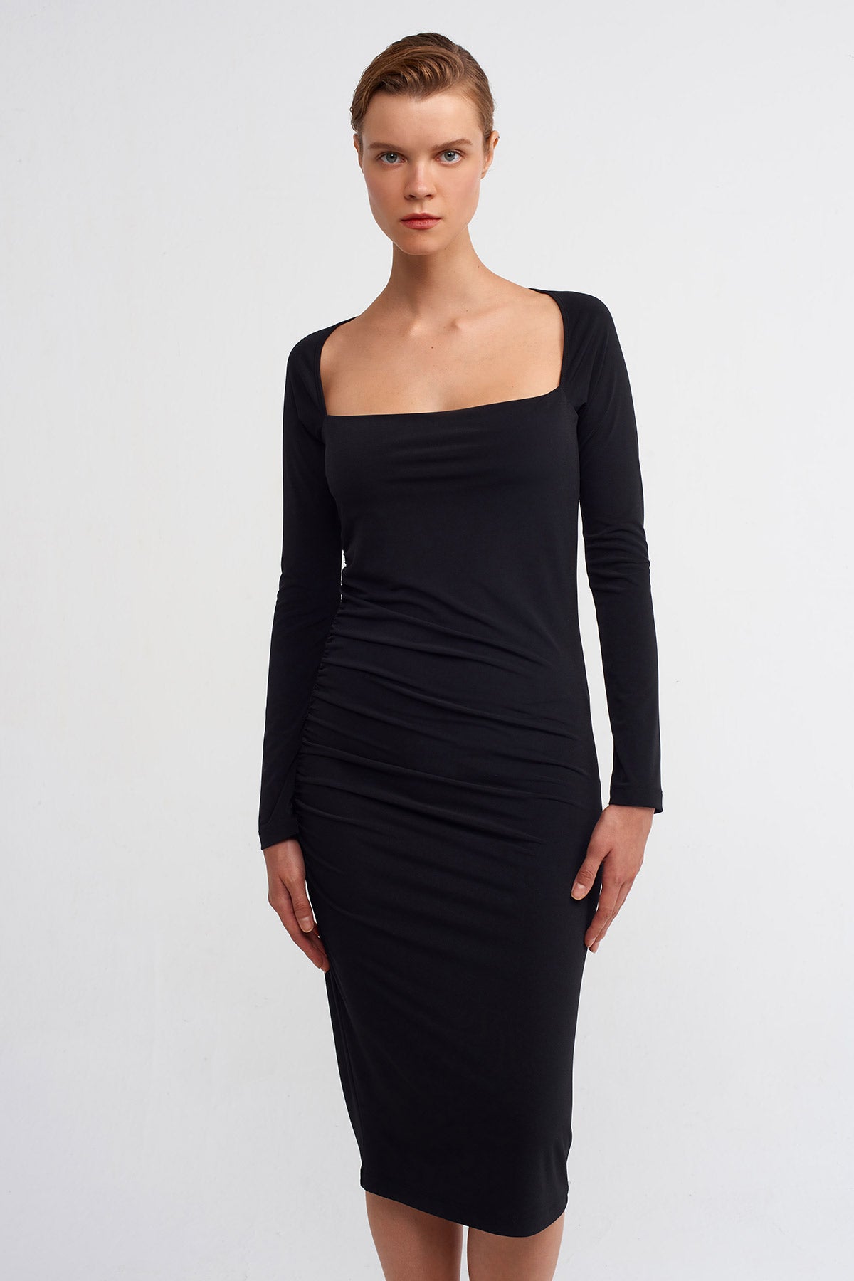 Black Square Neck, Long Sleeve Ruched Dress-K234014082