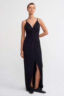  Black Front Ruched, Deep Slit Maxi Dress-K234014083