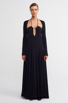  Black Long-Sleeve Dress with Drop Neckline-K234014085
