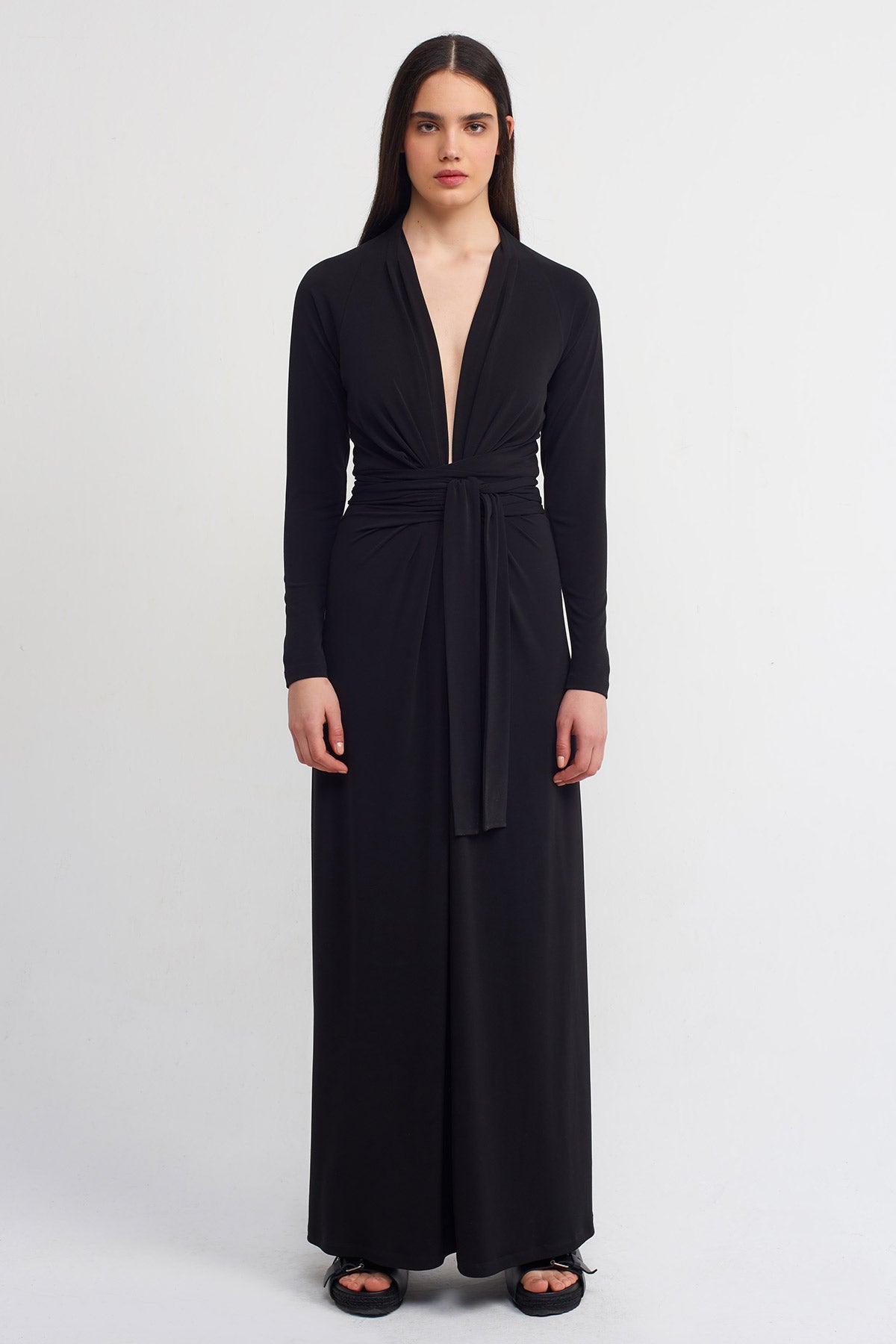Black Deep V-Neck Belted Jersey Dress-K234014098