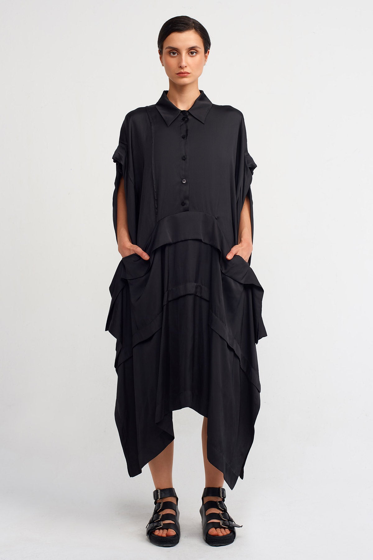 Black Shirt Collar Asymmetrical Satin Dress-K234014115