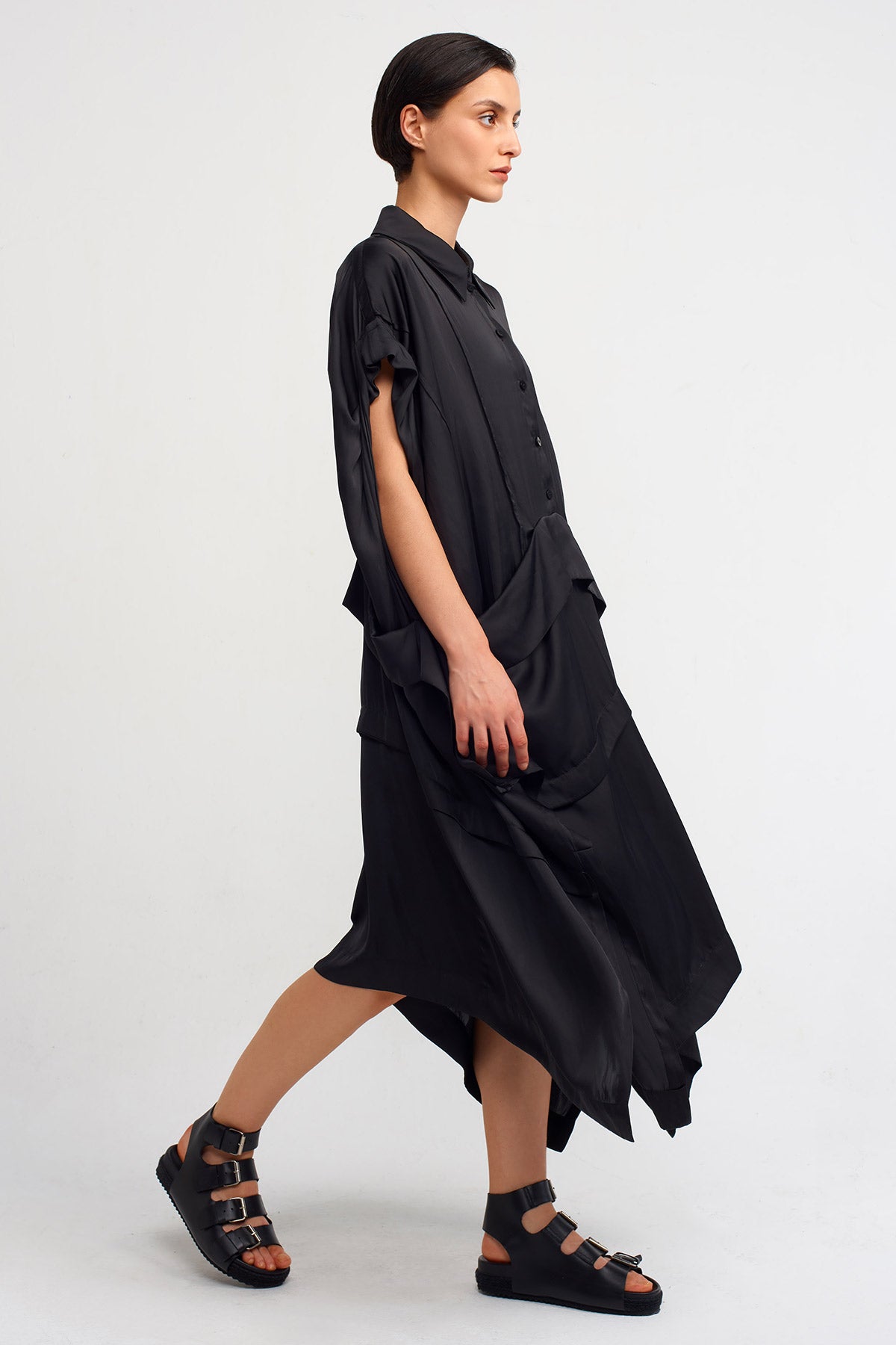 Black Shirt Collar Asymmetrical Satin Dress-K234014115