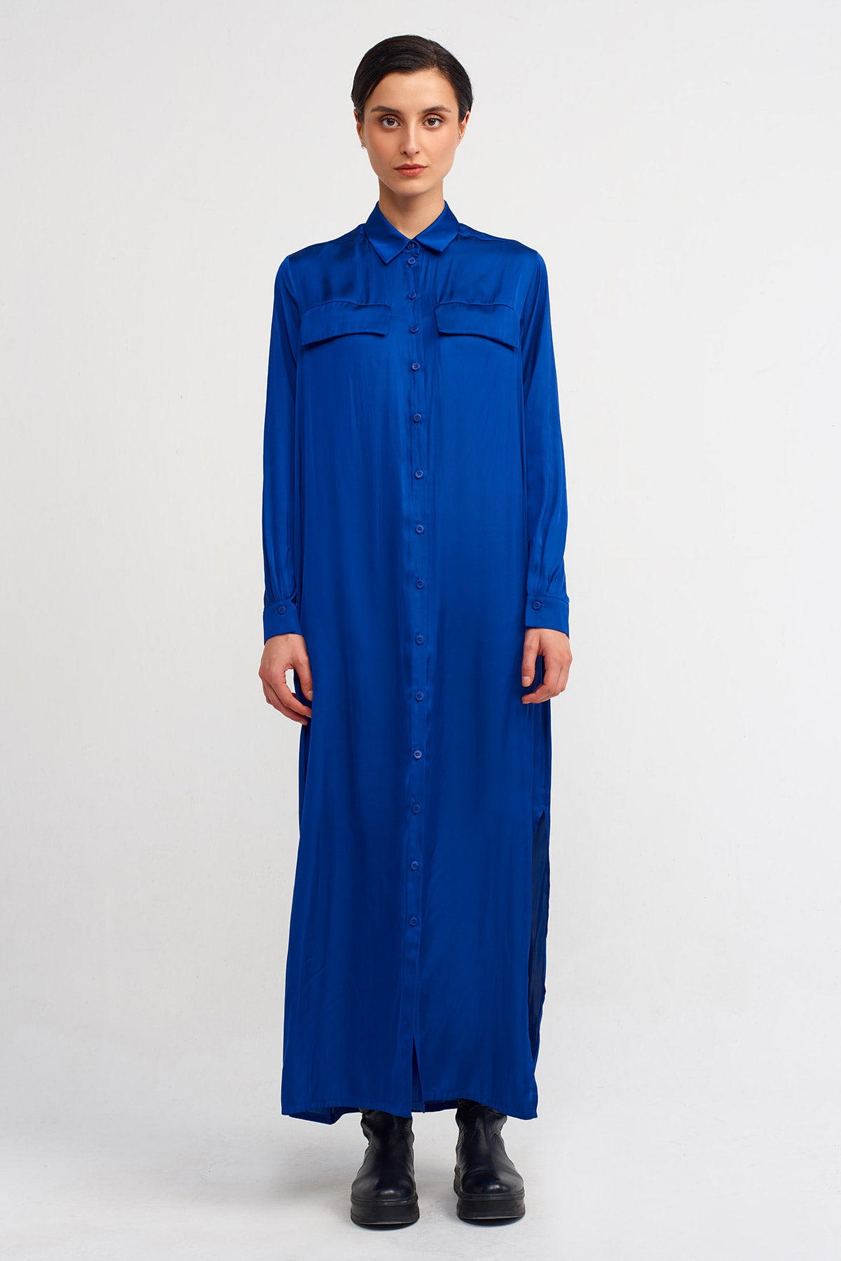 Sea Blue Long Satin Shirt Dress-K234014116