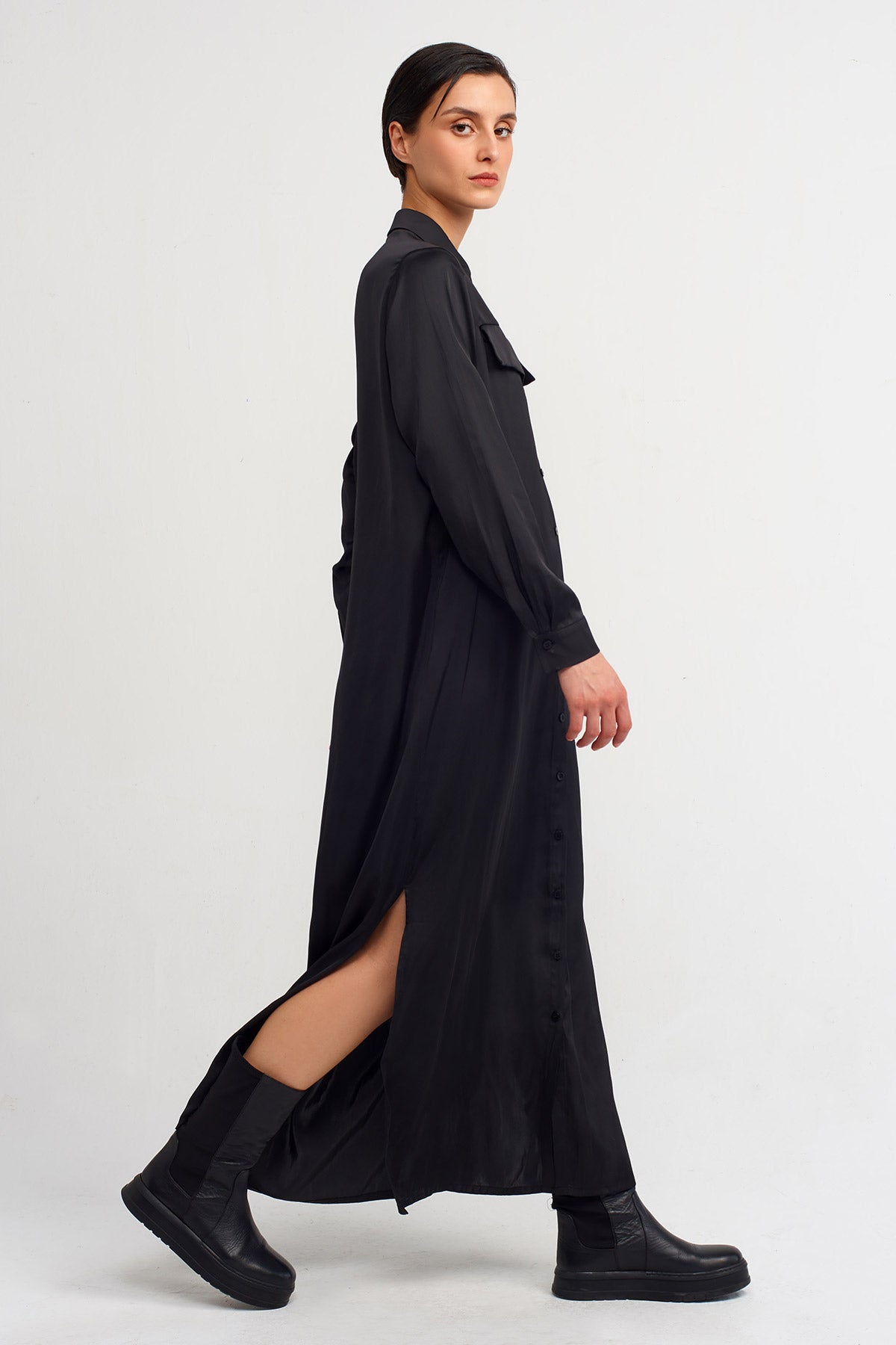 Black Long Satin Shirt Dress-K234014116
