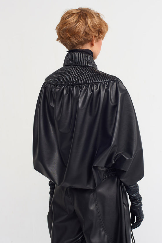 Black Quilted Vegan Leather Short Jacket-K235015015