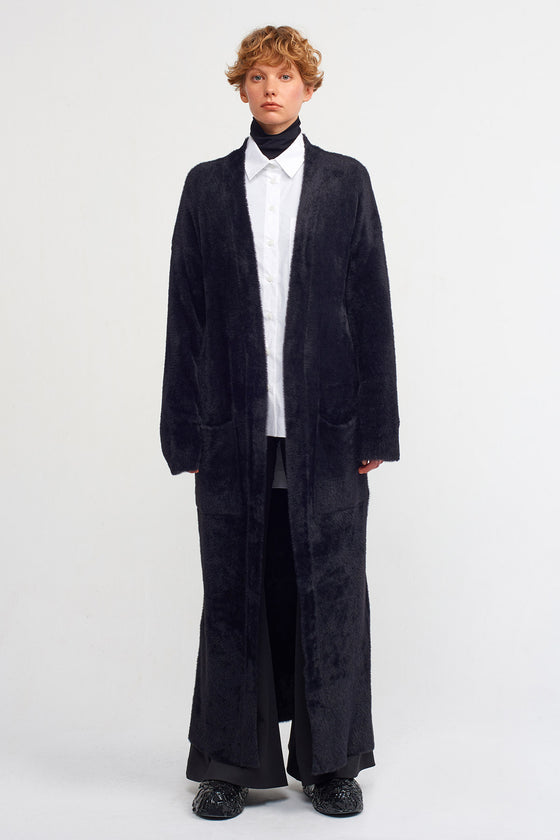 Black Furry Long Knit Cardigan-K235015026