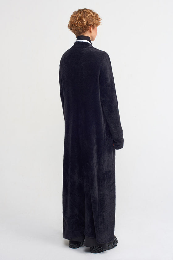 Black Furry Long Knit Cardigan-K235015026