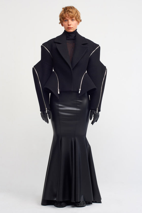 Black Short Coat with Zipper Details-K235015027
