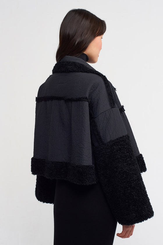 Black Short Jacket with Faux Fur Detail-K235015055