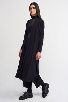  Black Long Jersey Cardigan with Side Slits-K235015065