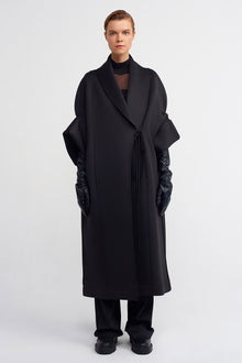  Black Front Tie Long Scuba Coat-K235015082