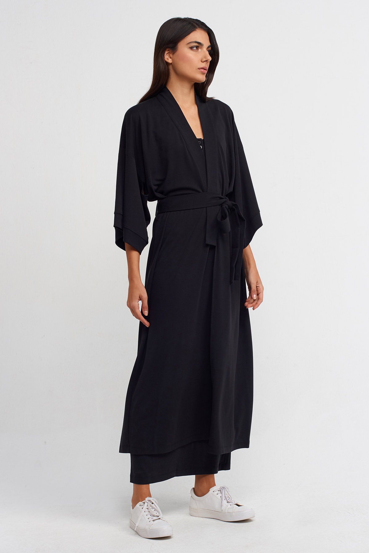 Black Belted Long Kimono-K235015115