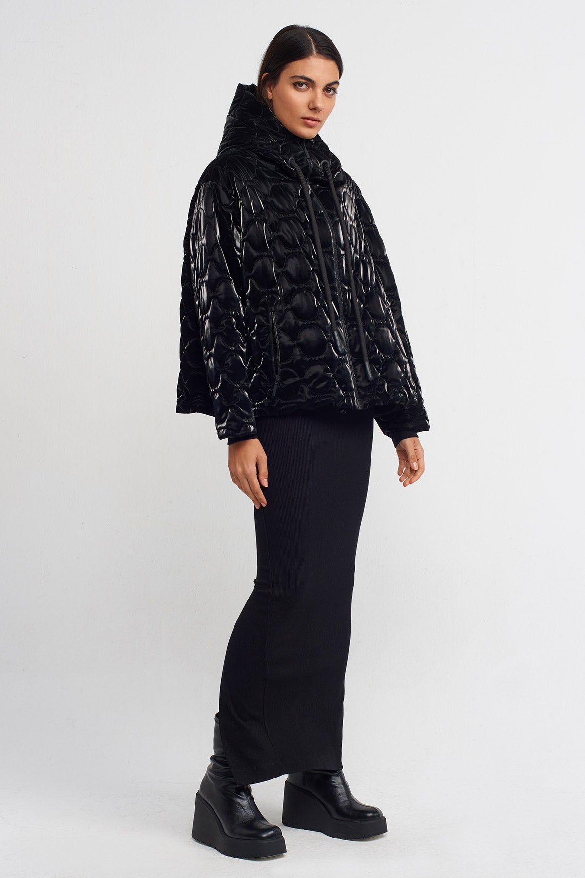 Black Shiny Quilted Puffer Coat-K235015122