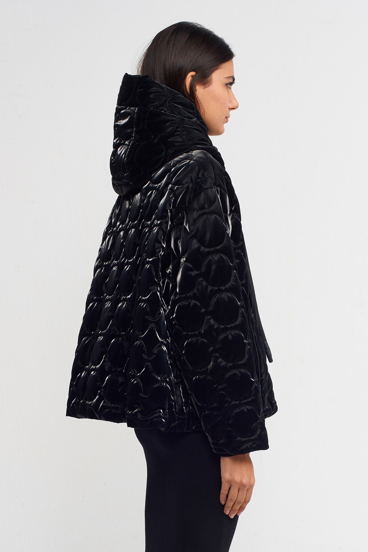 Black Shiny Quilted Puffer Coat-K235015122