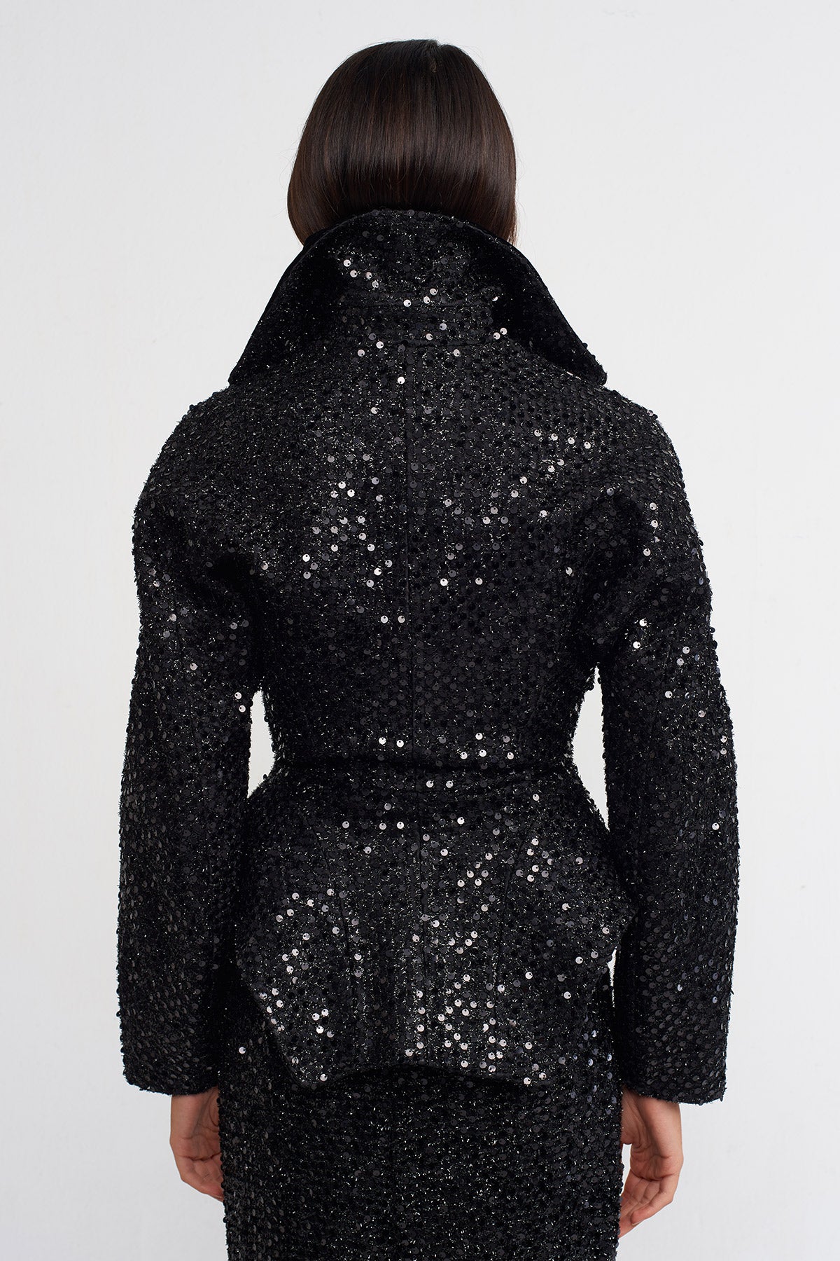 Black Sequin Embellished, Waist-Hugging Chic Jacket-K235015134