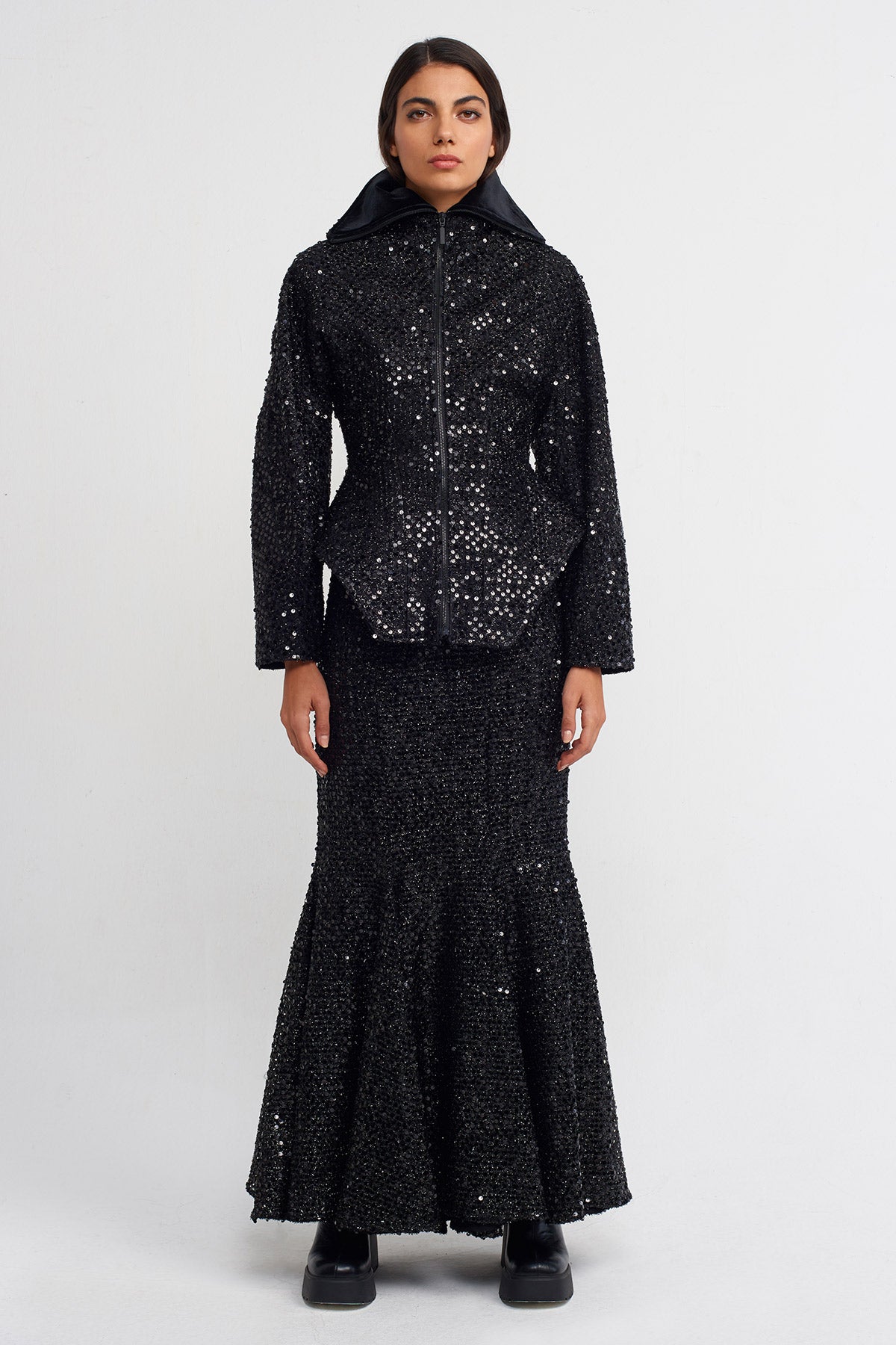 Black Sequin Embellished, Waist-Hugging Chic Jacket-K235015134