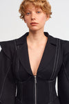 Black Contrast Stitched, Belted Long Coat-K237017002