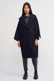 Black Oversized Coat with Leather Trim Detail-K237017016