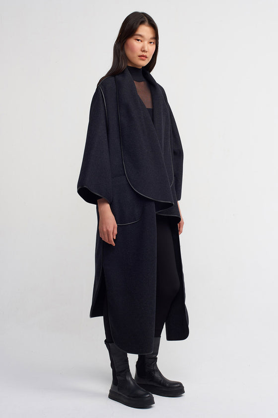 Antrasit Melanj Kimono Coat with Leather Trim and Pockets-K237017018